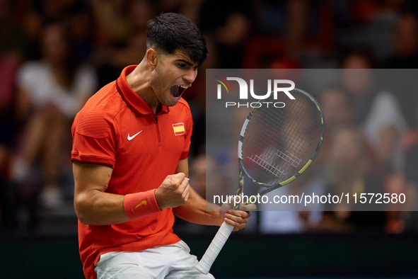 Carlos Alcaraz of Spain celebrates a point during the game against Ugo Humbert of France during the 2024 Davis Cup Group B Stage match betwe...