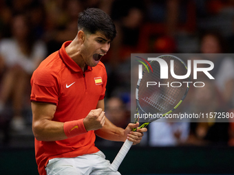 Carlos Alcaraz of Spain celebrates a point during the game against Ugo Humbert of France during the 2024 Davis Cup Group B Stage match betwe...