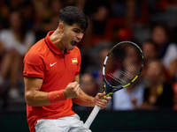 Carlos Alcaraz of Spain celebrates a point during the game against Ugo Humbert of France during the 2024 Davis Cup Group B Stage match betwe...