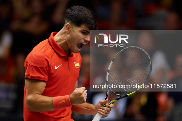 Carlos Alcaraz of Spain celebrates a point during the game against Ugo Humbert of France during the 2024 Davis Cup Group B Stage match betwe...