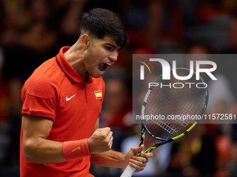 Carlos Alcaraz of Spain celebrates a point during the game against Ugo Humbert of France during the 2024 Davis Cup Group B Stage match betwe...