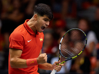 Carlos Alcaraz of Spain celebrates a point during the game against Ugo Humbert of France during the 2024 Davis Cup Group B Stage match betwe...