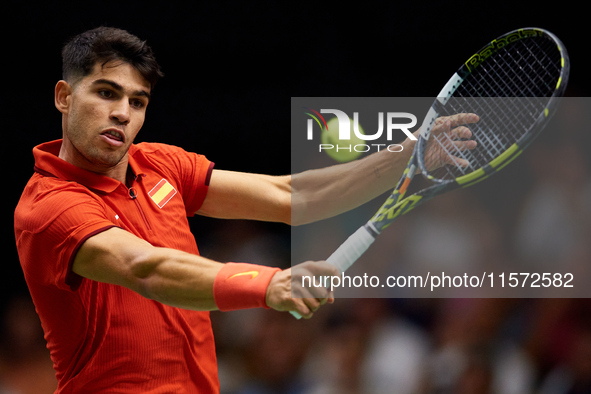 Carlos Alcaraz of Spain plays against Ugo Humbert of France during the 2024 Davis Cup Group B Stage match between France and Spain at Pabell...