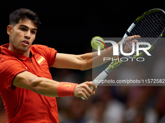 Carlos Alcaraz of Spain plays against Ugo Humbert of France during the 2024 Davis Cup Group B Stage match between France and Spain at Pabell...