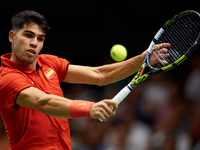 Carlos Alcaraz of Spain plays against Ugo Humbert of France during the 2024 Davis Cup Group B Stage match between France and Spain at Pabell...