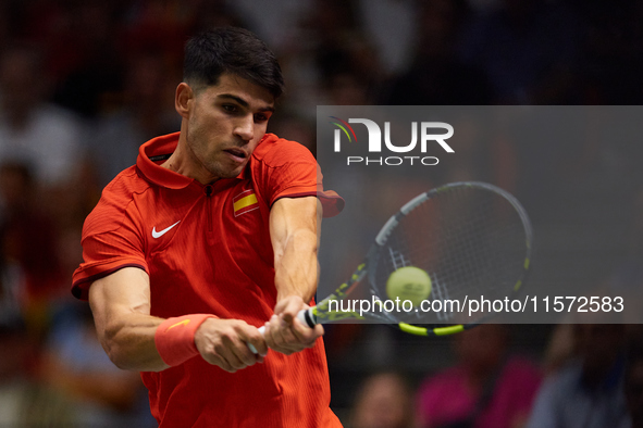 Carlos Alcaraz of Spain plays against Ugo Humbert of France during the 2024 Davis Cup Group B Stage match between France and Spain at Pabell...