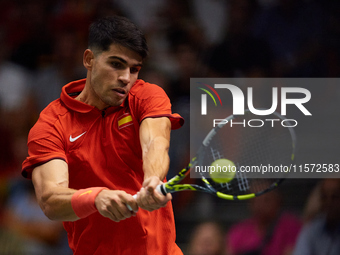 Carlos Alcaraz of Spain plays against Ugo Humbert of France during the 2024 Davis Cup Group B Stage match between France and Spain at Pabell...