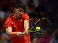 Carlos Alcaraz of Spain plays against Ugo Humbert of France during the 2024 Davis Cup Group B Stage match between France and Spain at Pabell...