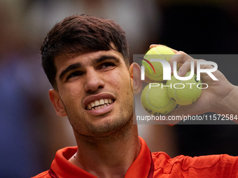 Carlos Alcaraz of Spain reacts following the game against Ugo Humbert of France during the 2024 Davis Cup Group B Stage match between France...