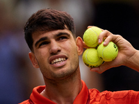 Carlos Alcaraz of Spain reacts following the game against Ugo Humbert of France during the 2024 Davis Cup Group B Stage match between France...