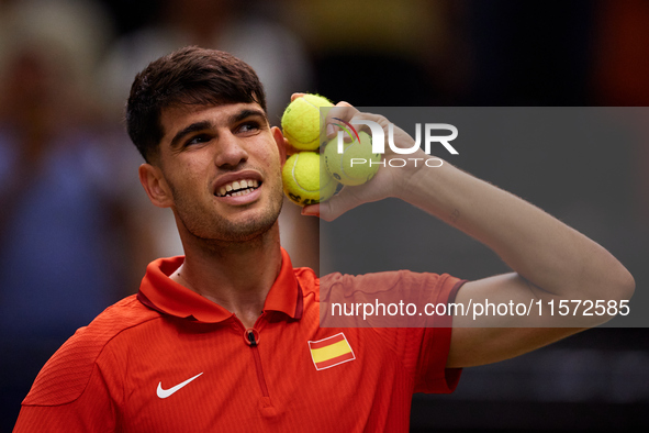 Carlos Alcaraz of Spain reacts following the game against Ugo Humbert of France during the 2024 Davis Cup Group B Stage match between France...