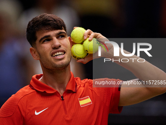 Carlos Alcaraz of Spain reacts following the game against Ugo Humbert of France during the 2024 Davis Cup Group B Stage match between France...