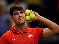 Carlos Alcaraz of Spain reacts following the game against Ugo Humbert of France during the 2024 Davis Cup Group B Stage match between France...