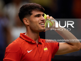 Carlos Alcaraz of Spain reacts following the game against Ugo Humbert of France during the 2024 Davis Cup Group B Stage match between France...