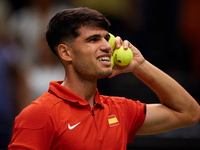 Carlos Alcaraz of Spain reacts following the game against Ugo Humbert of France during the 2024 Davis Cup Group B Stage match between France...