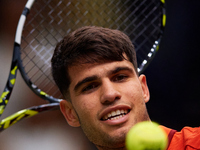 Carlos Alcaraz of Spain throws a ball to the crowd following the game against Ugo Humbert of France during the 2024 Davis Cup Group B Stage...