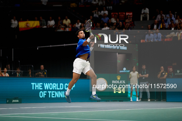 Arthur Fils of France plays against Roberto Bautista Agut during the 2024 Davis Cup Group B Stage match between France and Spain at Pabellon...