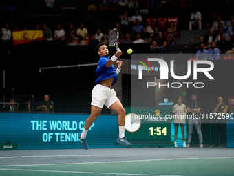 Arthur Fils of France plays against Roberto Bautista Agut during the 2024 Davis Cup Group B Stage match between France and Spain at Pabellon...