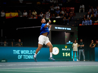 Arthur Fils of France plays against Roberto Bautista Agut during the 2024 Davis Cup Group B Stage match between France and Spain at Pabellon...