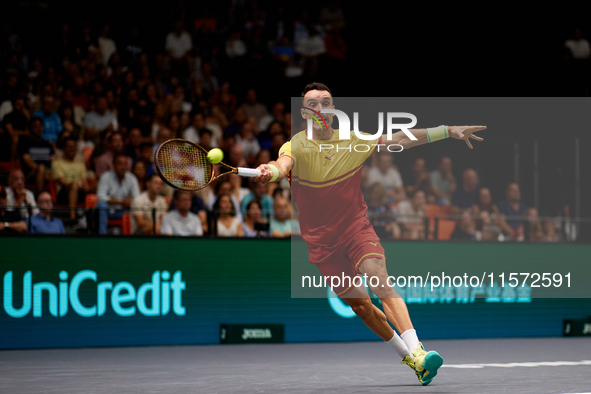 Roberto Bautista Agut of Spain is in action during the game against Arthur Fils of France during the 2024 Davis Cup Group B Stage match betw...