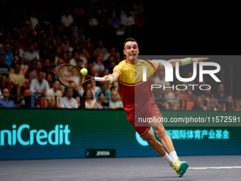 Roberto Bautista Agut of Spain is in action during the game against Arthur Fils of France during the 2024 Davis Cup Group B Stage match betw...