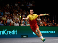 Roberto Bautista Agut of Spain is in action during the game against Arthur Fils of France during the 2024 Davis Cup Group B Stage match betw...