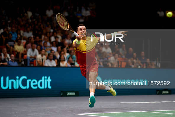 Roberto Bautista Agut of Spain is in action during the game against Arthur Fils of France during the 2024 Davis Cup Group B Stage match betw...