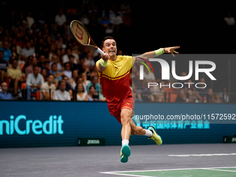 Roberto Bautista Agut of Spain is in action during the game against Arthur Fils of France during the 2024 Davis Cup Group B Stage match betw...