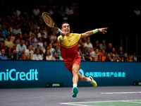 Roberto Bautista Agut of Spain is in action during the game against Arthur Fils of France during the 2024 Davis Cup Group B Stage match betw...