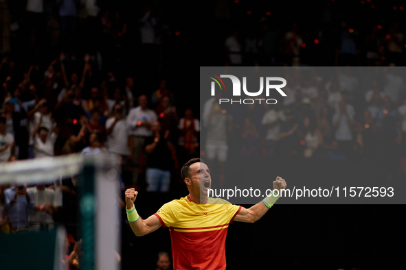 Roberto Bautista Agut of Spain celebrates the victory following the game against Arthur Fils of France during the 2024 Davis Cup Group B Sta...