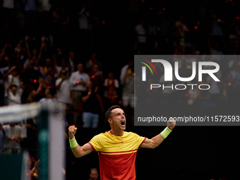 Roberto Bautista Agut of Spain celebrates the victory following the game against Arthur Fils of France during the 2024 Davis Cup Group B Sta...