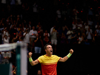 Roberto Bautista Agut of Spain celebrates the victory following the game against Arthur Fils of France during the 2024 Davis Cup Group B Sta...