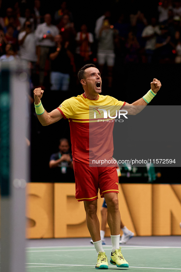 Roberto Bautista Agut of Spain celebrates the victory following the game against Arthur Fils of France during the 2024 Davis Cup Group B Sta...