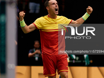 Roberto Bautista Agut of Spain celebrates the victory following the game against Arthur Fils of France during the 2024 Davis Cup Group B Sta...