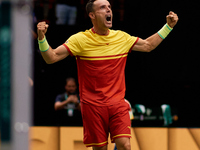 Roberto Bautista Agut of Spain celebrates the victory following the game against Arthur Fils of France during the 2024 Davis Cup Group B Sta...