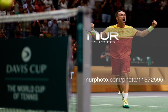 Roberto Bautista Agut of Spain celebrates the victory following the game against Arthur Fils of France during the 2024 Davis Cup Group B Sta...