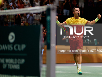 Roberto Bautista Agut of Spain celebrates the victory following the game against Arthur Fils of France during the 2024 Davis Cup Group B Sta...