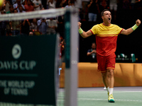 Roberto Bautista Agut of Spain celebrates the victory following the game against Arthur Fils of France during the 2024 Davis Cup Group B Sta...