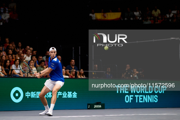 Ugo Humbert of France is in action during the game against Carlos Alcaraz of Spain during the 2024 Davis Cup Group B Stage match between Fra...