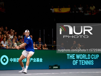 Ugo Humbert of France is in action during the game against Carlos Alcaraz of Spain during the 2024 Davis Cup Group B Stage match between Fra...