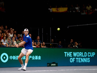 Ugo Humbert of France is in action during the game against Carlos Alcaraz of Spain during the 2024 Davis Cup Group B Stage match between Fra...