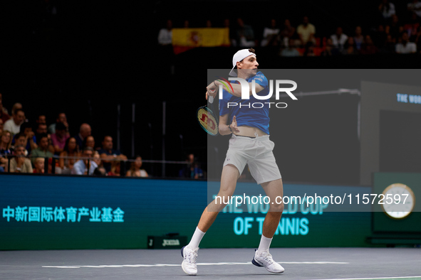 Ugo Humbert of France is in action during the game against Carlos Alcaraz of Spain during the 2024 Davis Cup Group B Stage match between Fra...