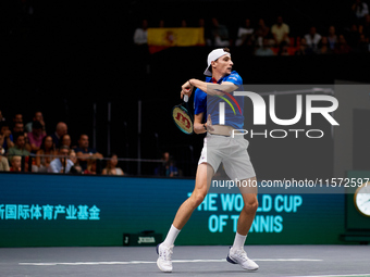 Ugo Humbert of France is in action during the game against Carlos Alcaraz of Spain during the 2024 Davis Cup Group B Stage match between Fra...