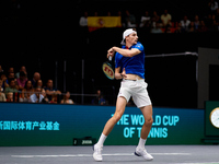 Ugo Humbert of France is in action during the game against Carlos Alcaraz of Spain during the 2024 Davis Cup Group B Stage match between Fra...