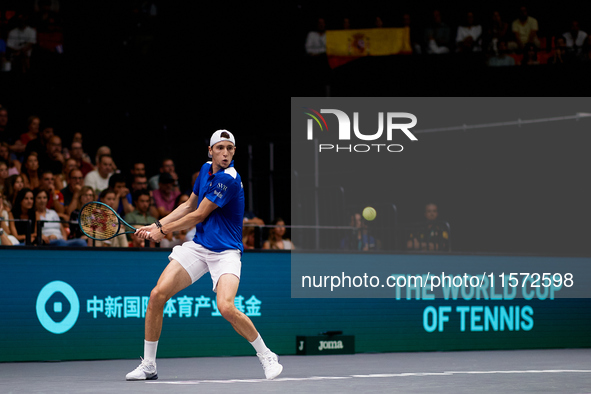 Ugo Humbert of France is in action during the game against Carlos Alcaraz of Spain during the 2024 Davis Cup Group B Stage match between Fra...