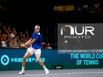 Ugo Humbert of France is in action during the game against Carlos Alcaraz of Spain during the 2024 Davis Cup Group B Stage match between Fra...