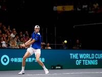 Ugo Humbert of France is in action during the game against Carlos Alcaraz of Spain during the 2024 Davis Cup Group B Stage match between Fra...