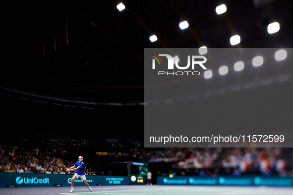 Ugo Humbert of France plays against Carlos Alcaraz of Spain during the 2024 Davis Cup Group B Stage match between France and Spain at Pabell...