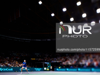 Ugo Humbert of France plays against Carlos Alcaraz of Spain during the 2024 Davis Cup Group B Stage match between France and Spain at Pabell...