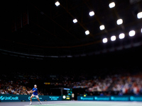 Ugo Humbert of France plays against Carlos Alcaraz of Spain during the 2024 Davis Cup Group B Stage match between France and Spain at Pabell...